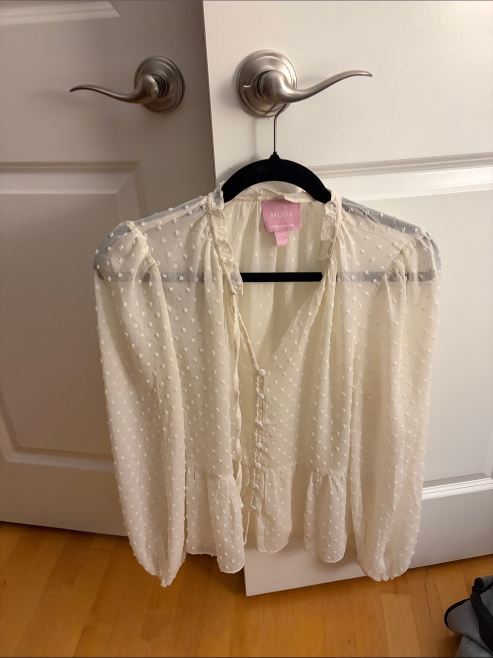 MUSE Cream Swiss Dot Ruffle-Trim Button Front Blouse